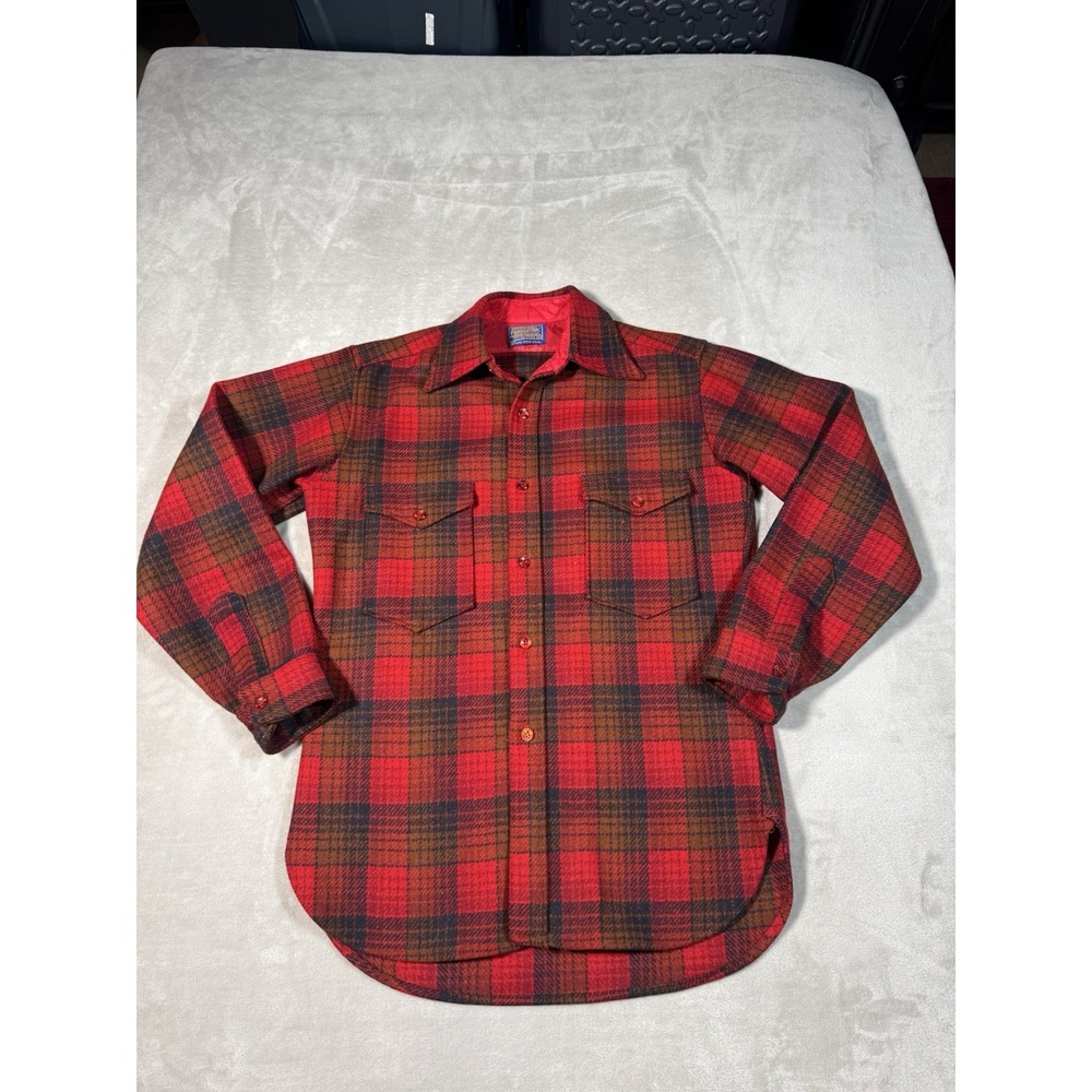 Vintage Pendelton Flannel Shirt Jacket Size Medium Red Brown Plaid Thick Wool